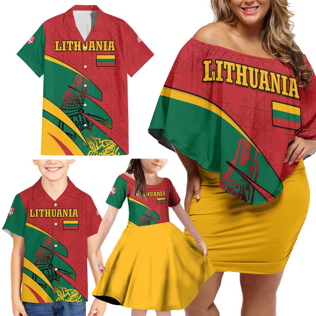 Lithuania Red and Green Family Matching Off Shoulder Short Dress and Hawaiian Shirt with Knight and Dragon Claw Graphic and National Flag - Wonder Print Shop