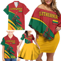 Lithuania Red and Green Family Matching Off Shoulder Short Dress and Hawaiian Shirt with Knight and Dragon Claw Graphic and National Flag - Wonder Print Shop