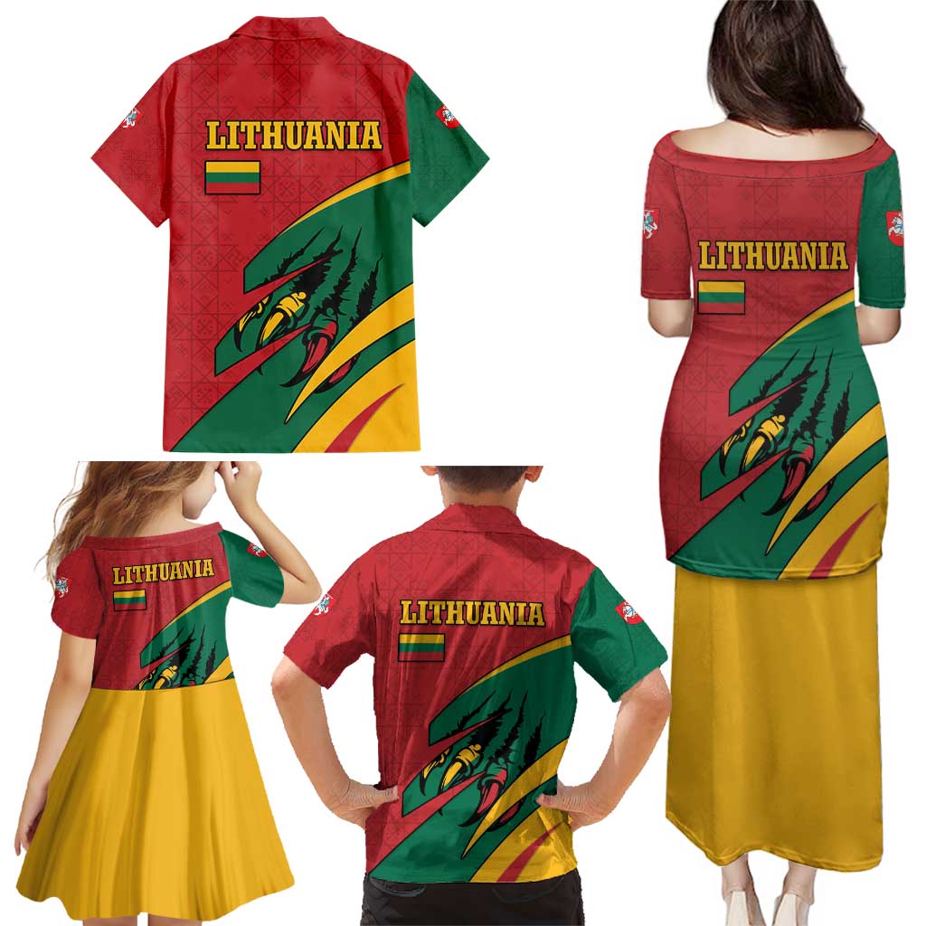 Lithuania Red and Green Family Matching Puletasi and Hawaiian Shirt with Knight and Dragon Claw Graphic and National Flag - Wonder Print Shop