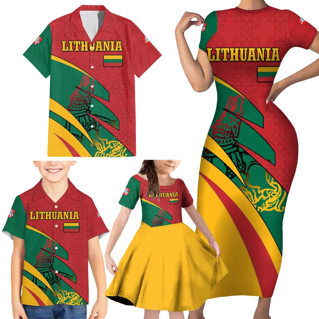 Lithuania Red and Green Family Matching Short Sleeve Bodycon Dress and Hawaiian Shirt with Knight and Dragon Claw Graphic and National Flag - Wonder Print Shop