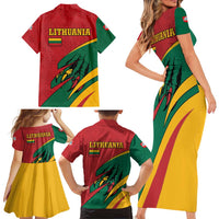 Lithuania Red and Green Family Matching Short Sleeve Bodycon Dress and Hawaiian Shirt with Knight and Dragon Claw Graphic and National Flag - Wonder Print Shop