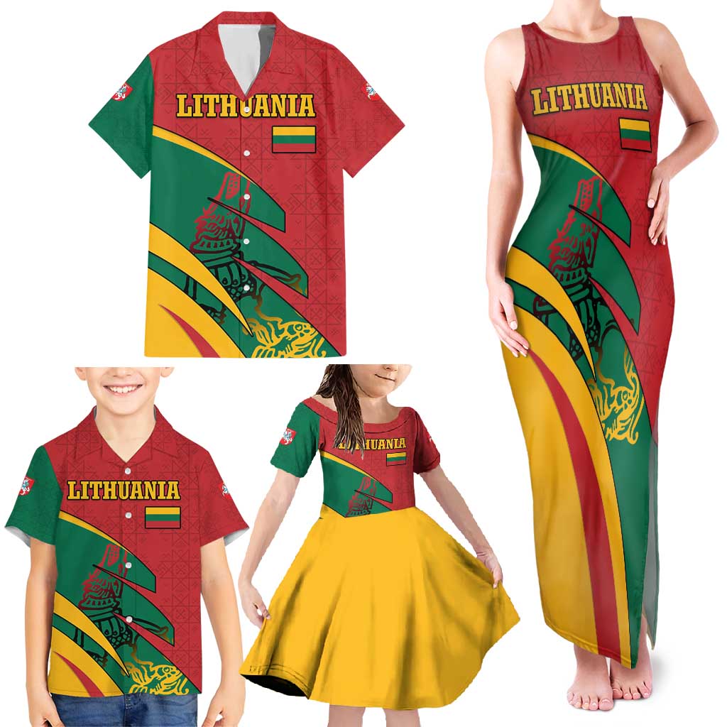 Lithuania Red and Green Family Matching Tank Maxi Dress and Hawaiian Shirt with Knight and Dragon Claw Graphic and National Flag - Wonder Print Shop