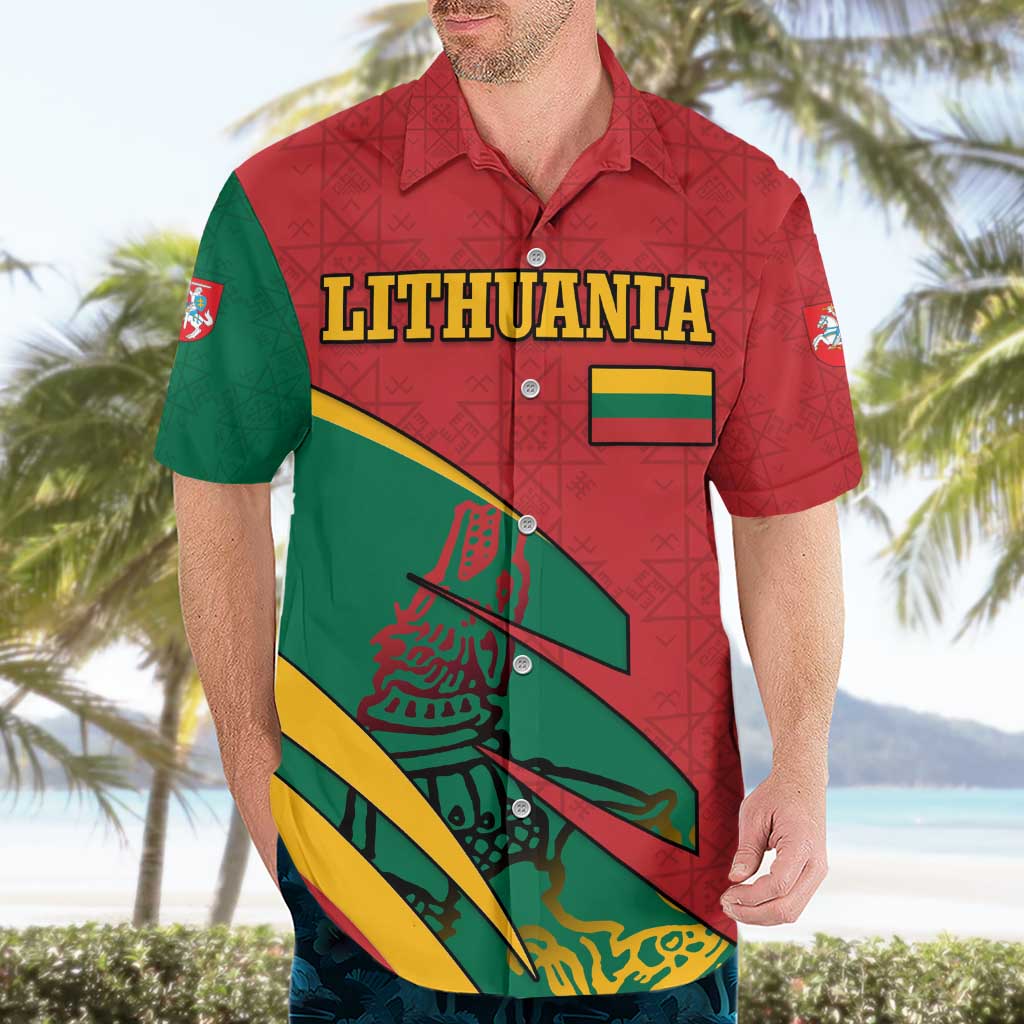Lithuania Red and Green Hawaiian Shirt with Knight and Dragon Claw Graphic and National Flag - Wonder Print Shop