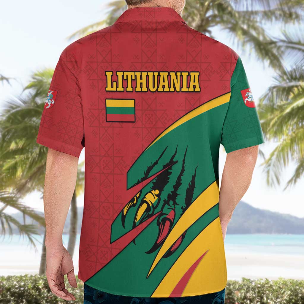 Lithuania Red and Green Hawaiian Shirt with Knight and Dragon Claw Graphic and National Flag - Wonder Print Shop