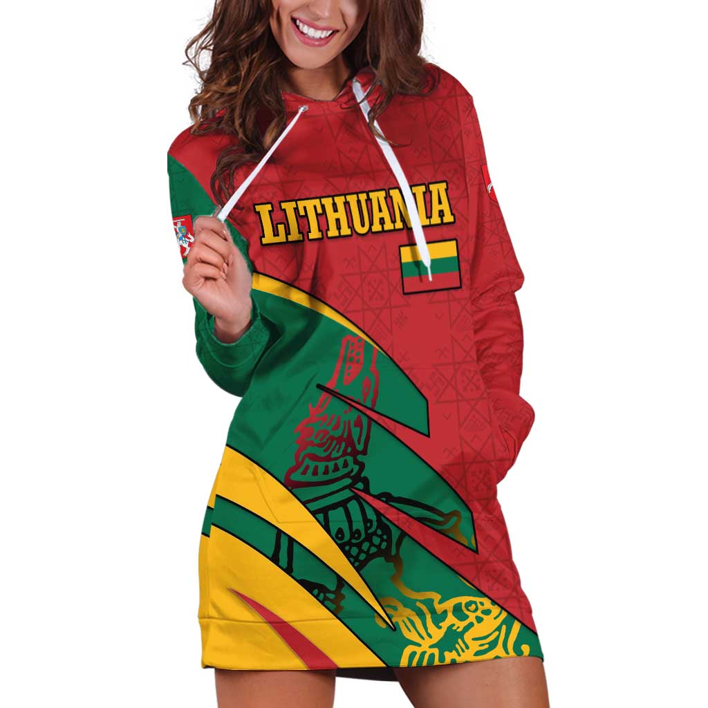 Lithuania Red and Green Hoodie Dress with Knight and Dragon Claw Graphic and National Flag - Wonder Print Shop