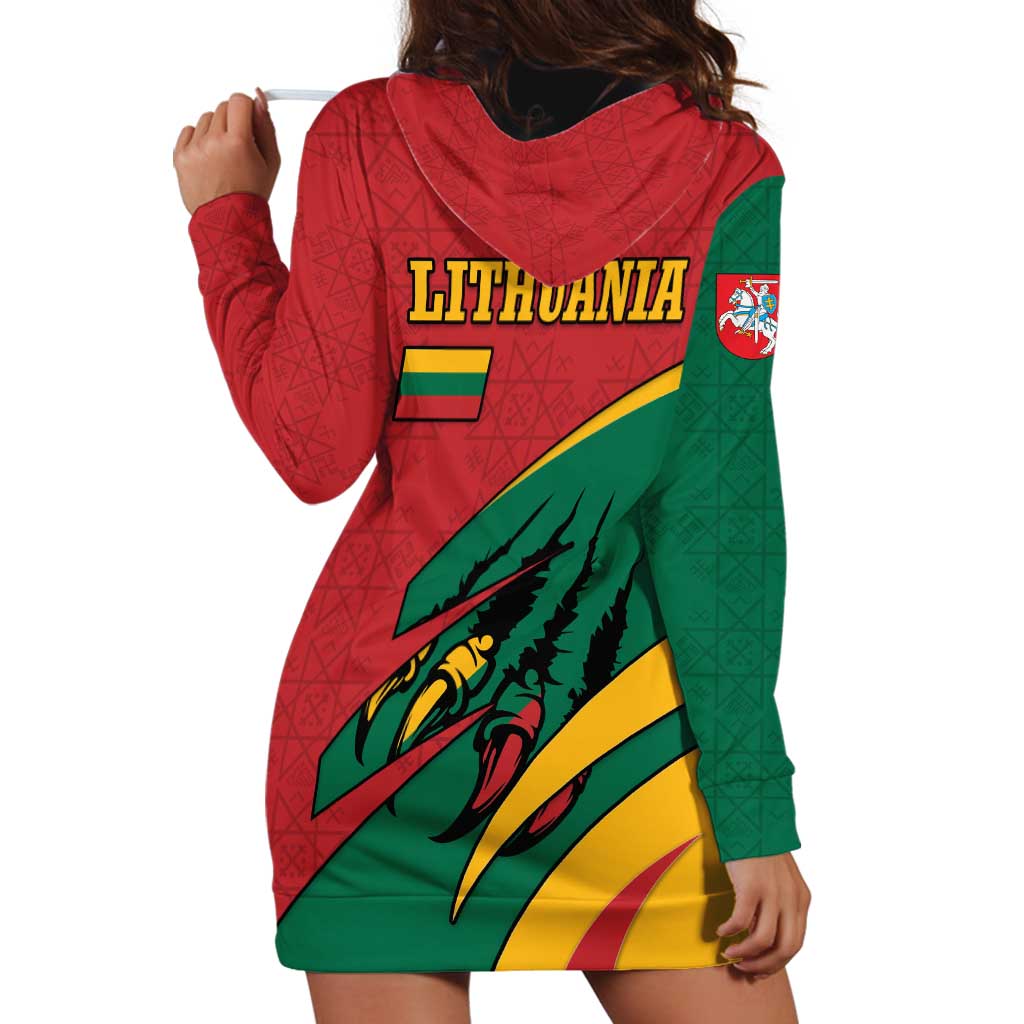 Lithuania Red and Green Hoodie Dress with Knight and Dragon Claw Graphic and National Flag - Wonder Print Shop
