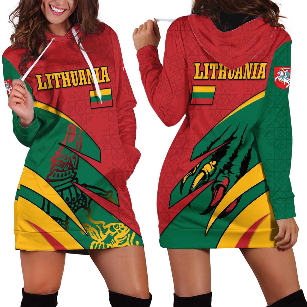 Lithuania Red and Green Hoodie Dress with Knight and Dragon Claw Graphic and National Flag - Wonder Print Shop