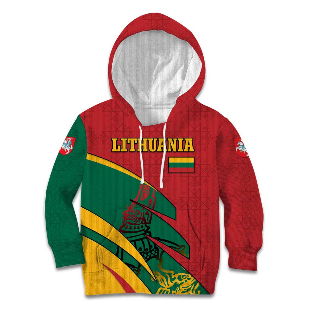 Lithuania Red and Green Kid Hoodie with Knight and Dragon Claw Graphic and National Flag - Wonder Print Shop