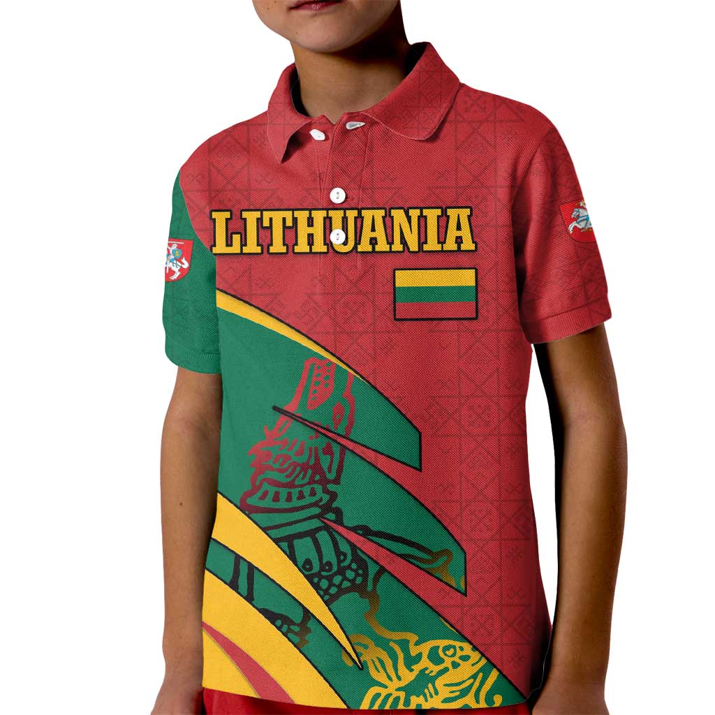 Lithuania Red and Green Kid Polo Shirt with Knight and Dragon Claw Graphic and National Flag - Wonder Print Shop