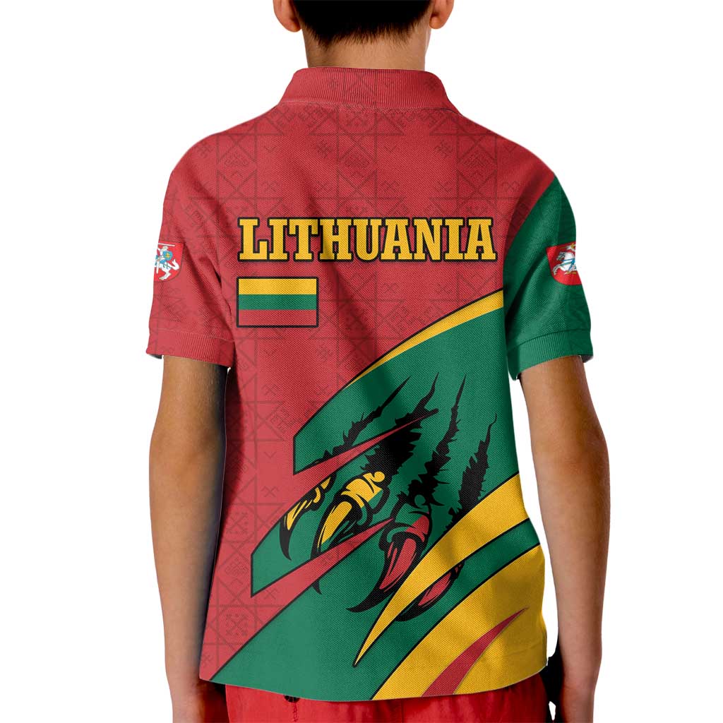 Lithuania Red and Green Kid Polo Shirt with Knight and Dragon Claw Graphic and National Flag - Wonder Print Shop