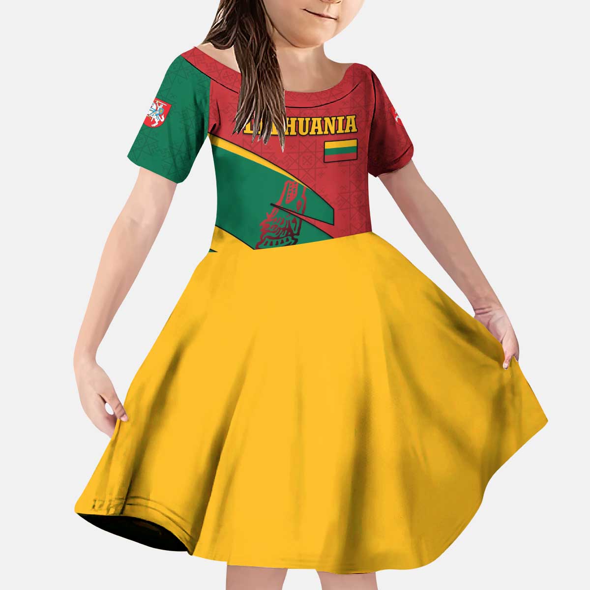 Lithuania Red and Green Kid Short Sleeve Dress with Knight and Dragon Claw Graphic and National Flag - Wonder Print Shop