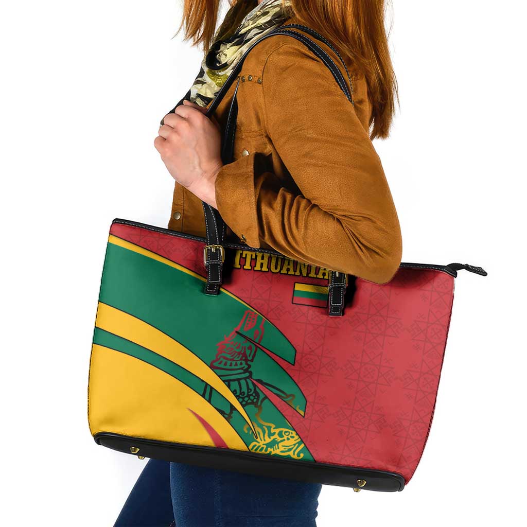Lithuania Red and Green Leather Tote Bag with Knight and Dragon Claw Graphic and National Flag - Wonder Print Shop