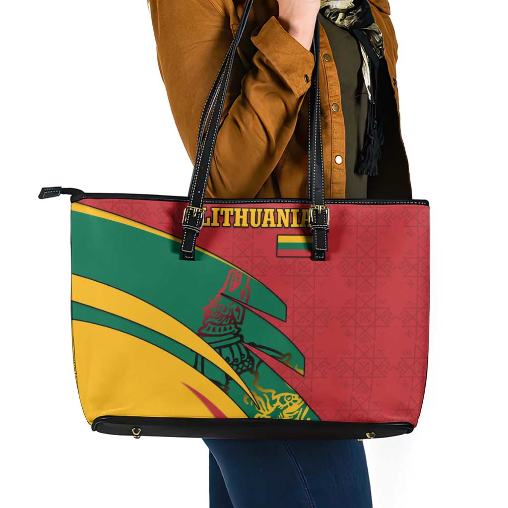 Lithuania Red and Green Leather Tote Bag with Knight and Dragon Claw Graphic and National Flag - Wonder Print Shop