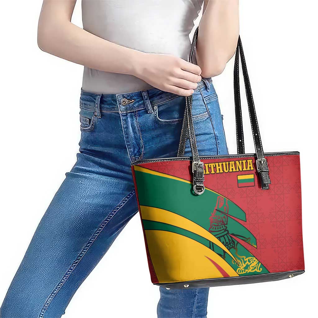 Lithuania Red and Green Leather Tote Bag with Knight and Dragon Claw Graphic and National Flag - Wonder Print Shop