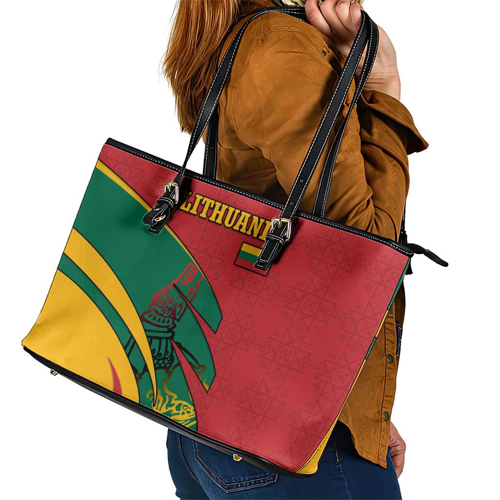 Lithuania Red and Green Leather Tote Bag with Knight and Dragon Claw Graphic and National Flag - Wonder Print Shop
