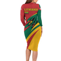 Lithuania Red and Green Long Sleeve Bodycon Dress with Knight and Dragon Claw Graphic and National Flag - Wonder Print Shop