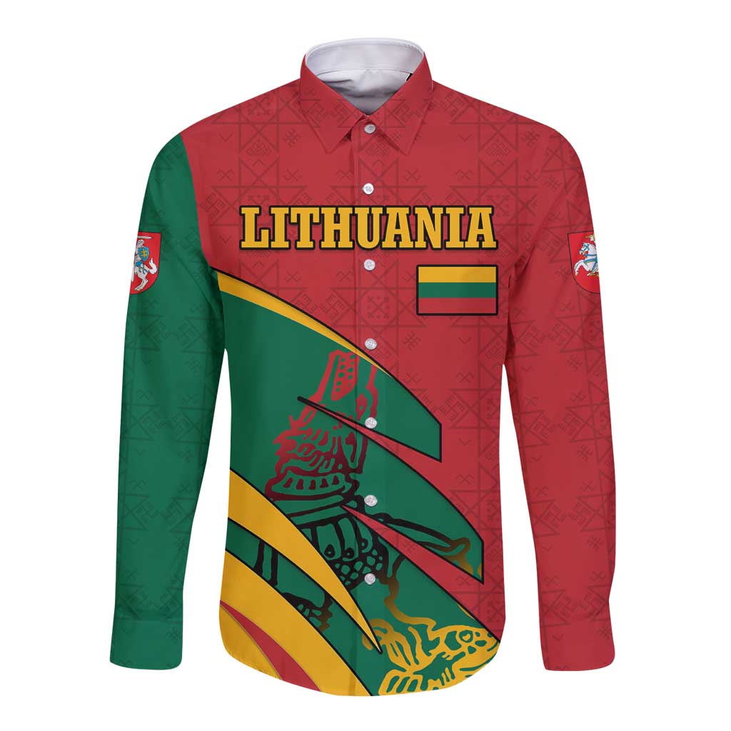 Lithuania Red and Green Long Sleeve Button Shirt with Knight and Dragon Claw Graphic and National Flag - Wonder Print Shop