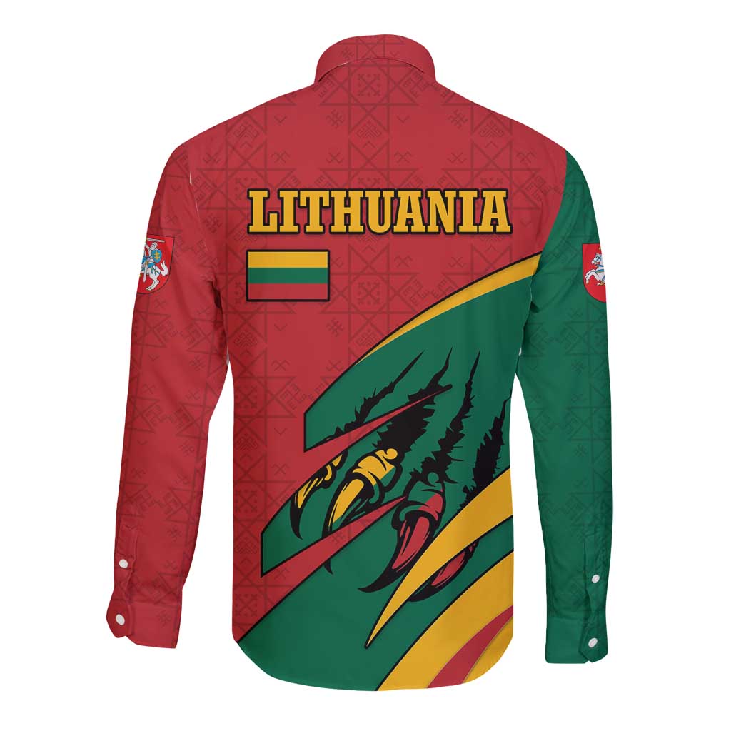 Lithuania Red and Green Long Sleeve Button Shirt with Knight and Dragon Claw Graphic and National Flag - Wonder Print Shop
