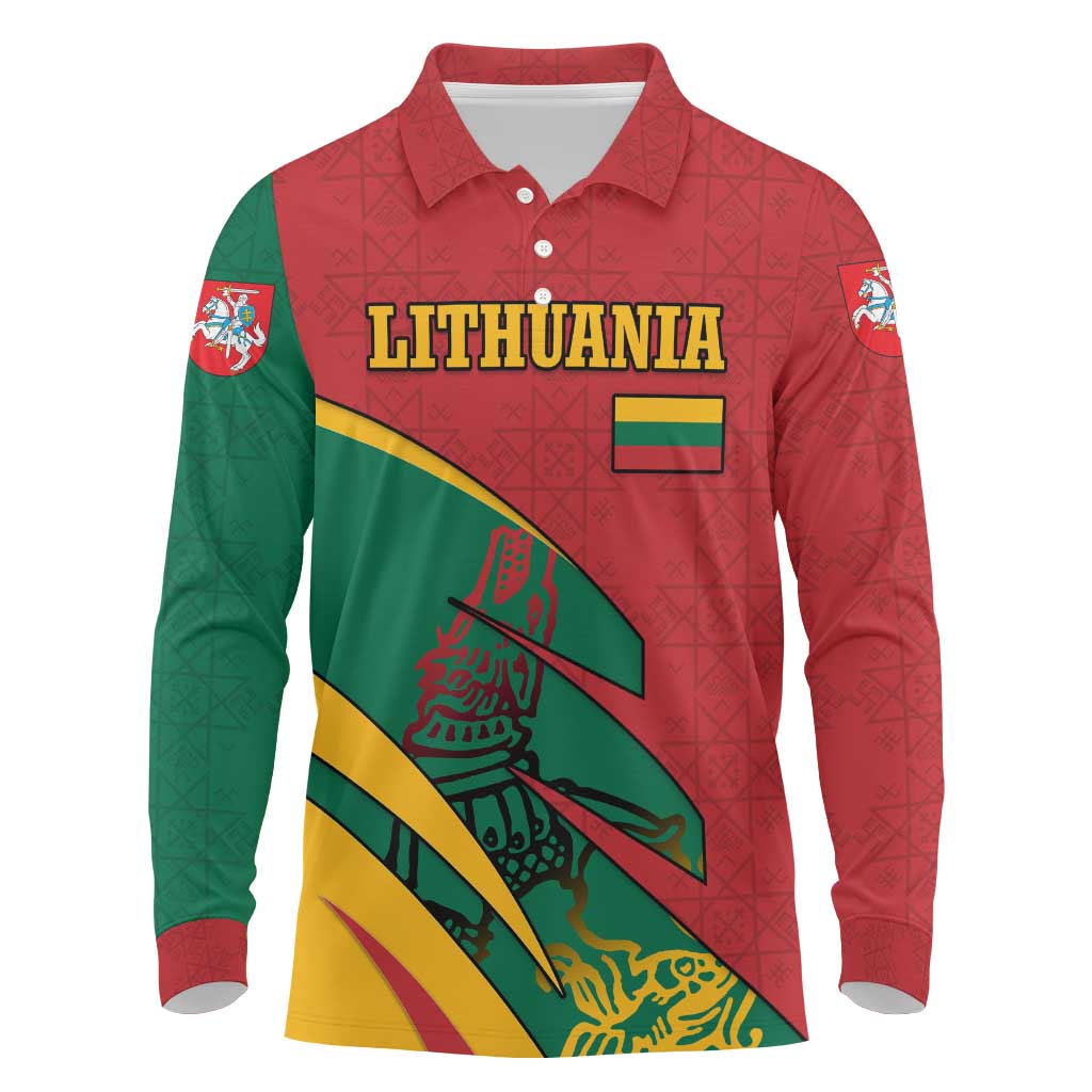 Lithuania Red and Green Long Sleeve Polo Shirt with Knight and Dragon Claw Graphic and National Flag - Wonder Print Shop