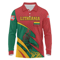 Lithuania Red and Green Long Sleeve Polo Shirt with Knight and Dragon Claw Graphic and National Flag - Wonder Print Shop