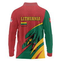 Lithuania Red and Green Long Sleeve Polo Shirt with Knight and Dragon Claw Graphic and National Flag - Wonder Print Shop