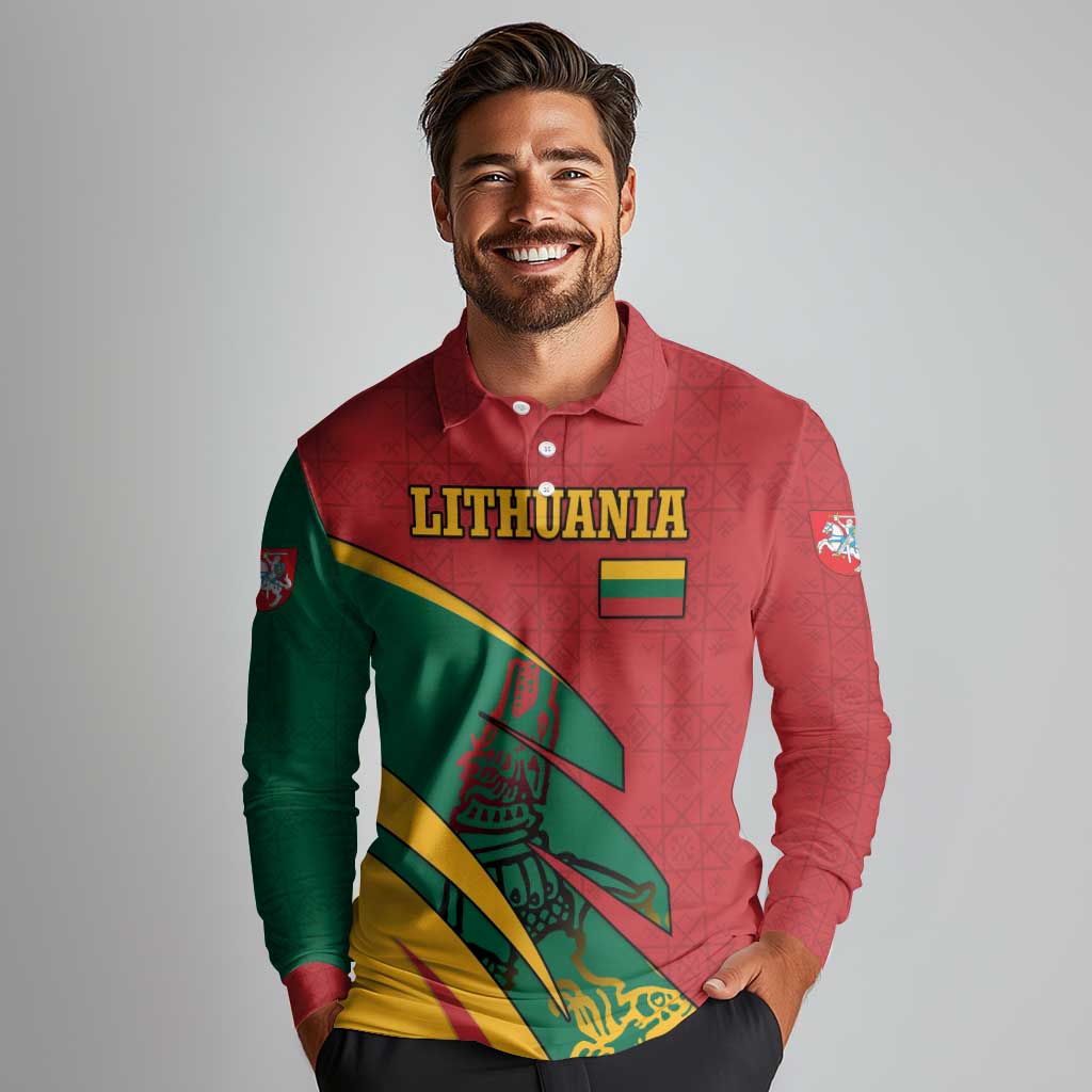 Lithuania Red and Green Long Sleeve Polo Shirt with Knight and Dragon Claw Graphic and National Flag - Wonder Print Shop