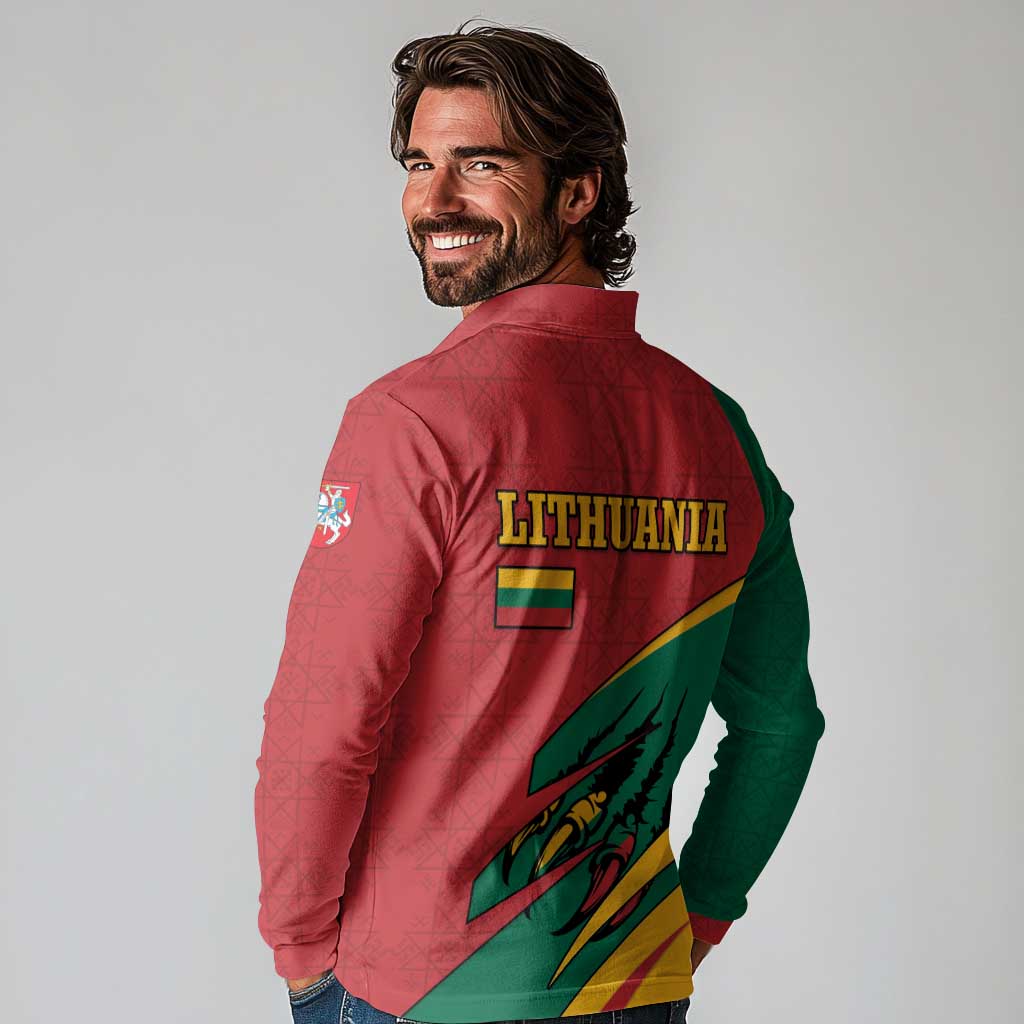 Lithuania Red and Green Long Sleeve Polo Shirt with Knight and Dragon Claw Graphic and National Flag - Wonder Print Shop