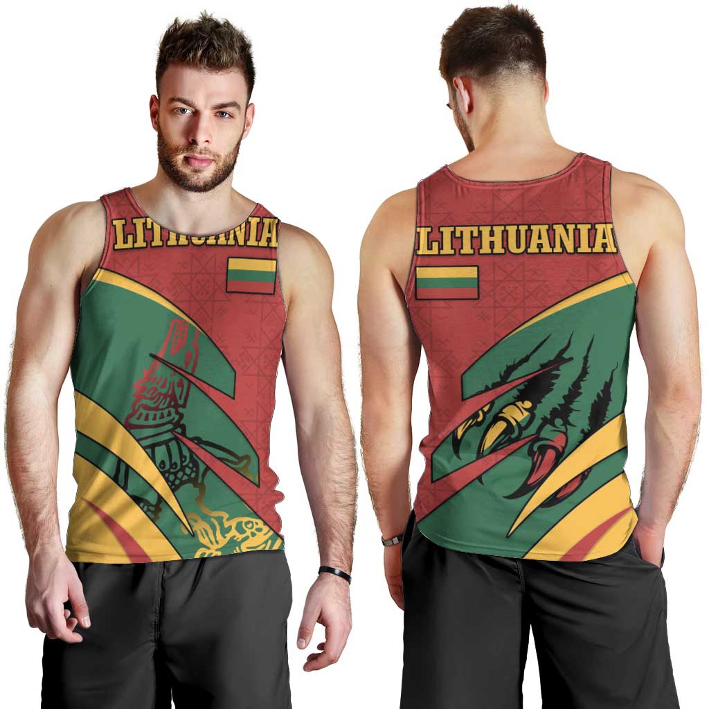 Lithuania Red and Green Men Tank Top with Knight and Dragon Claw Graphic and National Flag - Wonder Print Shop