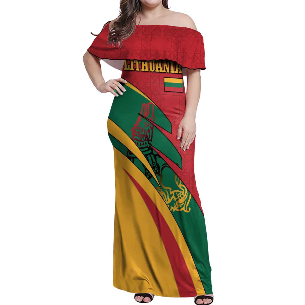 Lithuania Red and Green Off Shoulder Maxi Dress with Knight and Dragon Claw Graphic and National Flag - Wonder Print Shop