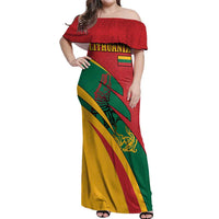 Lithuania Red and Green Off Shoulder Maxi Dress with Knight and Dragon Claw Graphic and National Flag - Wonder Print Shop