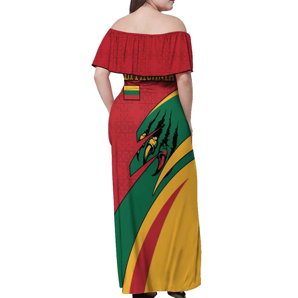 Lithuania Red and Green Off Shoulder Maxi Dress with Knight and Dragon Claw Graphic and National Flag - Wonder Print Shop