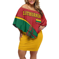 Lithuania Red and Green Off Shoulder Short Dress with Knight and Dragon Claw Graphic and National Flag - Wonder Print Shop