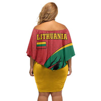 Lithuania Red and Green Off Shoulder Short Dress with Knight and Dragon Claw Graphic and National Flag - Wonder Print Shop