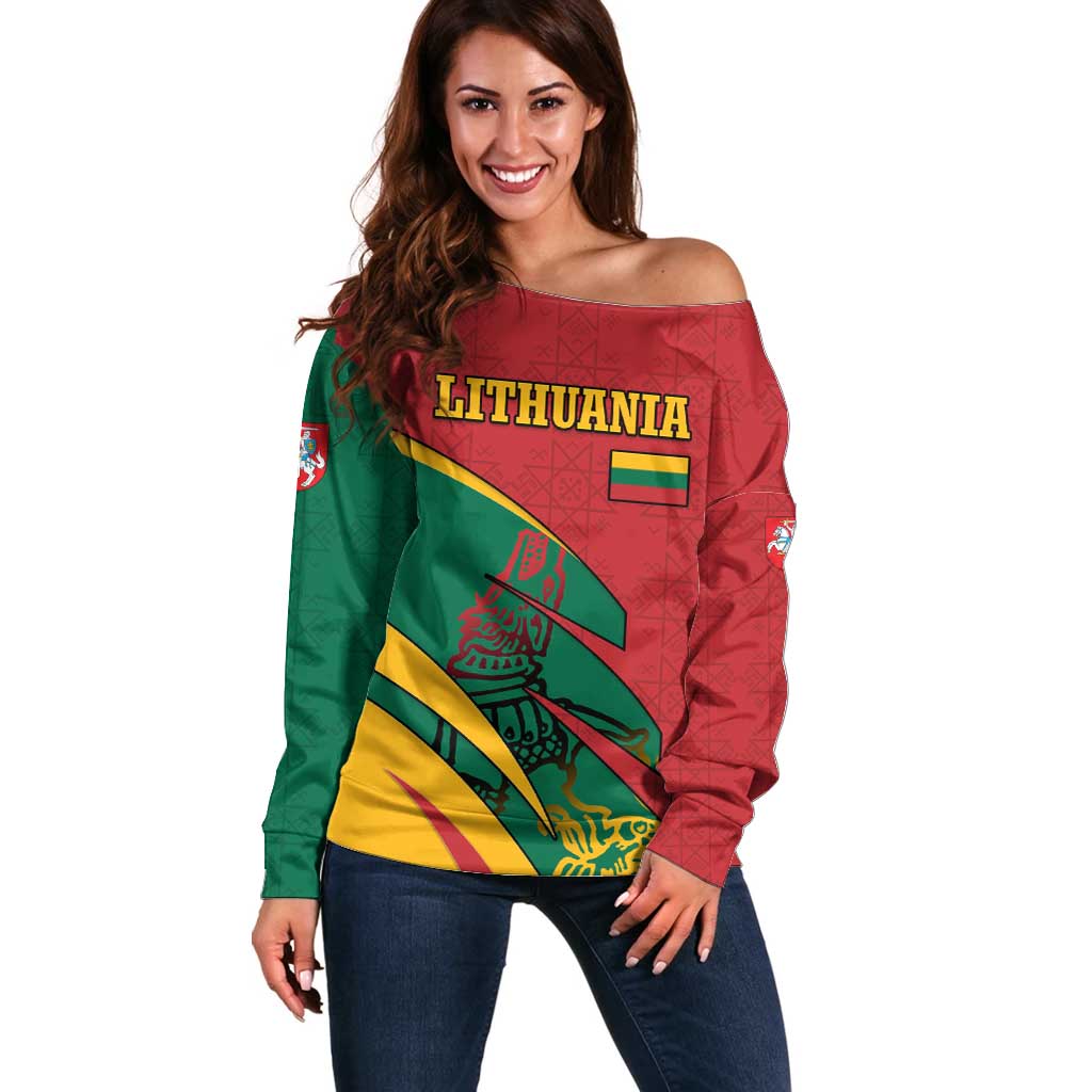 Lithuania Red and Green Off Shoulder Sweater with Knight and Dragon Claw Graphic and National Flag - Wonder Print Shop