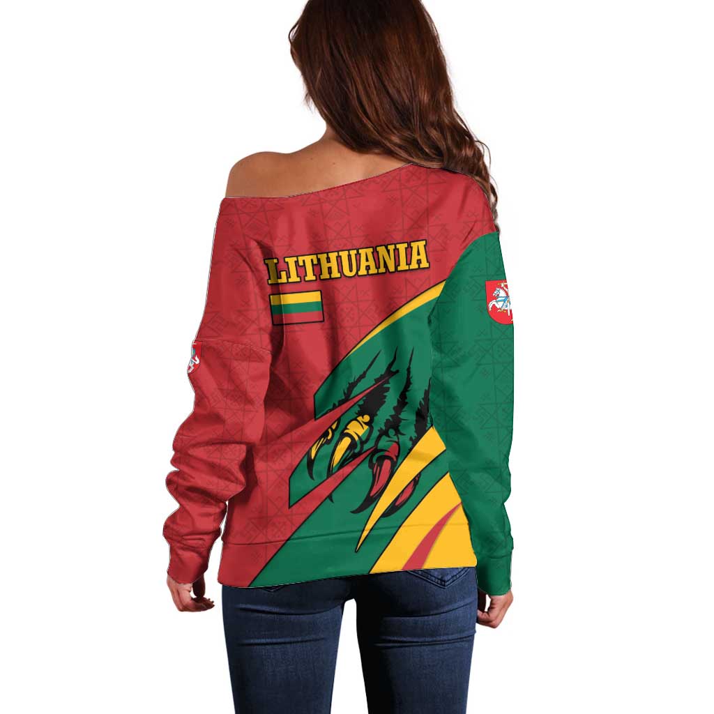 Lithuania Red and Green Off Shoulder Sweater with Knight and Dragon Claw Graphic and National Flag - Wonder Print Shop