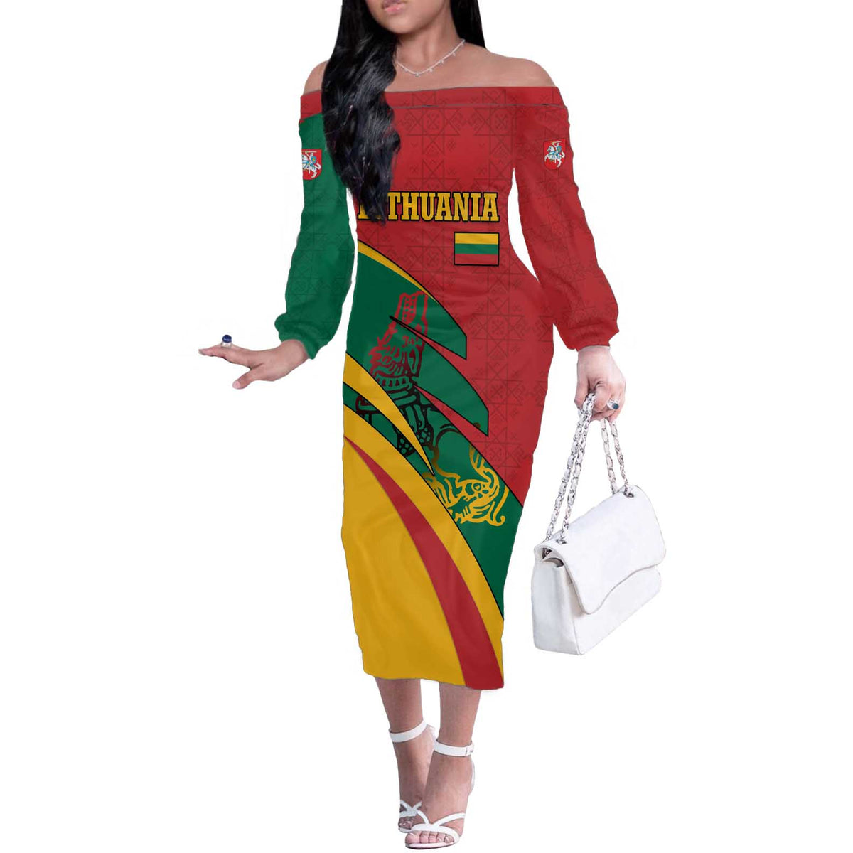Lithuania Red and Green Off The Shoulder Long Sleeve Dress with Knight and Dragon Claw Graphic and National Flag - Wonder Print Shop