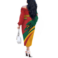 Lithuania Red and Green Off The Shoulder Long Sleeve Dress with Knight and Dragon Claw Graphic and National Flag - Wonder Print Shop