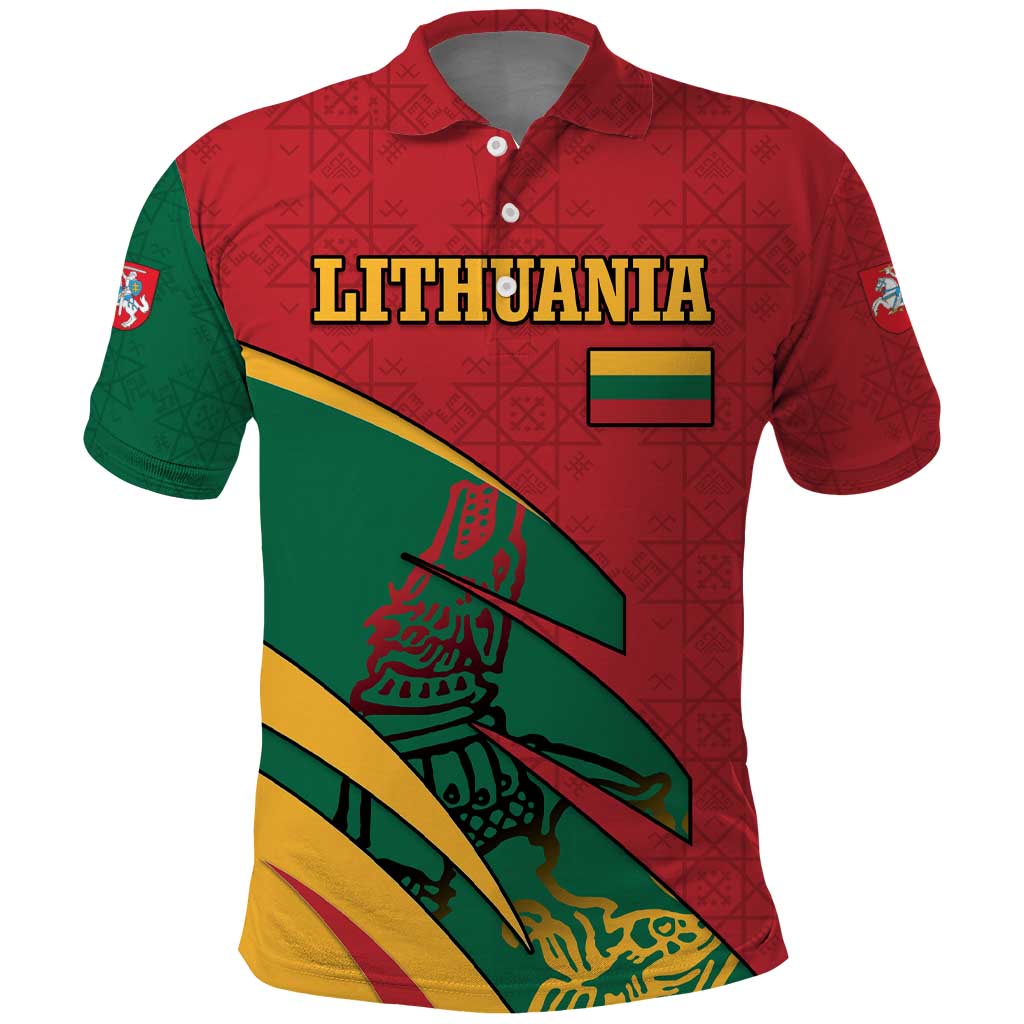 Lithuania Red and Green Polo Shirt with Knight and Dragon Claw Graphic and National Flag - Wonder Print Shop