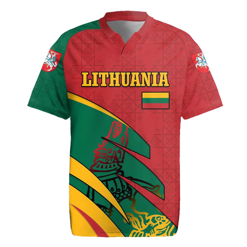 Lithuania Red and Green Rugby Jersey with Knight and Dragon Claw Graphic and National Flag - Wonder Print Shop