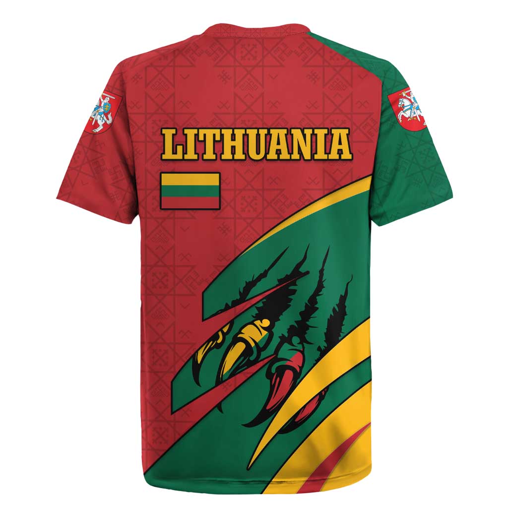 Lithuania Red and Green Rugby Jersey with Knight and Dragon Claw Graphic and National Flag - Wonder Print Shop