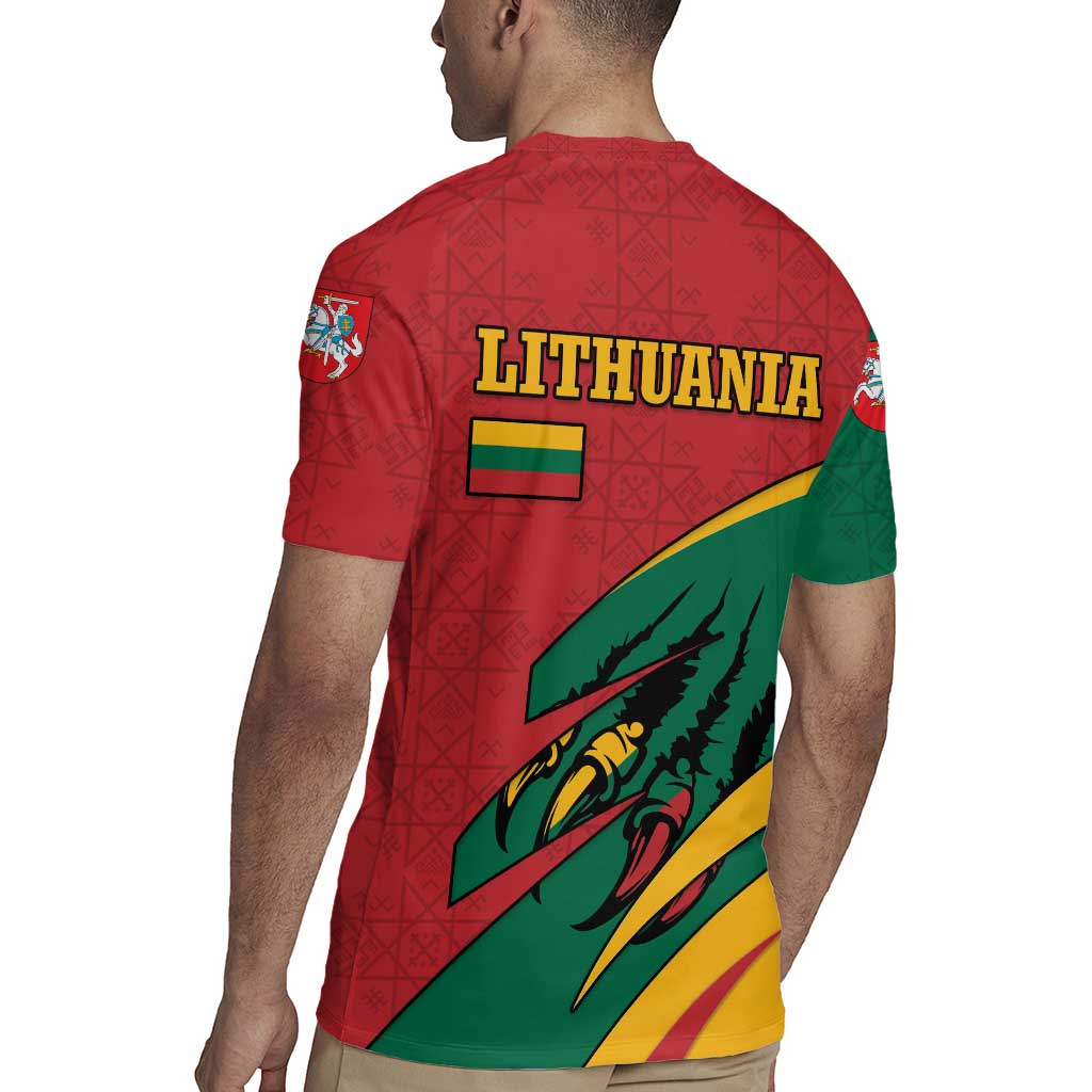 Lithuania Red and Green Rugby Jersey with Knight and Dragon Claw Graphic and National Flag - Wonder Print Shop