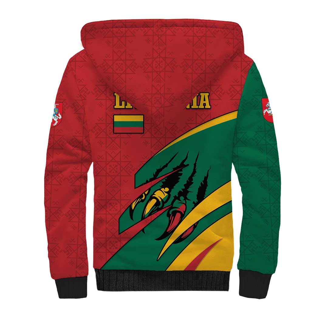 Lithuania Red and Green Sherpa Hoodie with Knight and Dragon Claw Graphic and National Flag - Wonder Print Shop