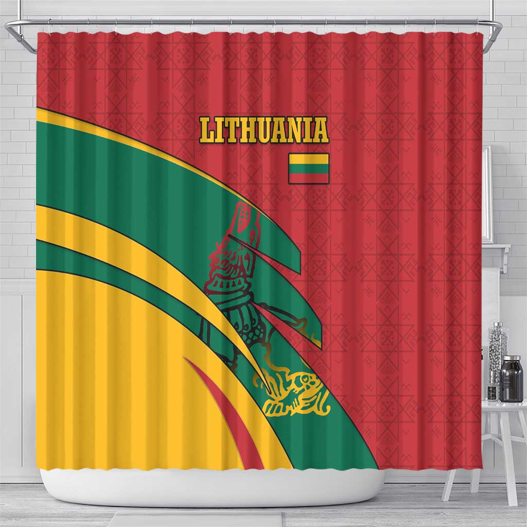 Lithuania Red and Green Shower Curtain with Knight and Dragon Claw Graphic and National Flag - Wonder Print Shop