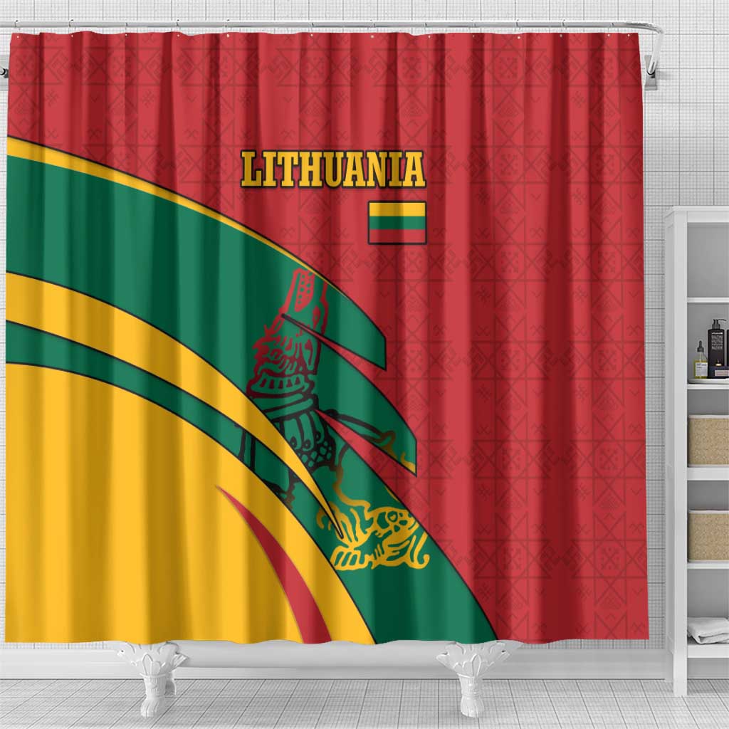 Lithuania Red and Green Shower Curtain with Knight and Dragon Claw Graphic and National Flag - Wonder Print Shop