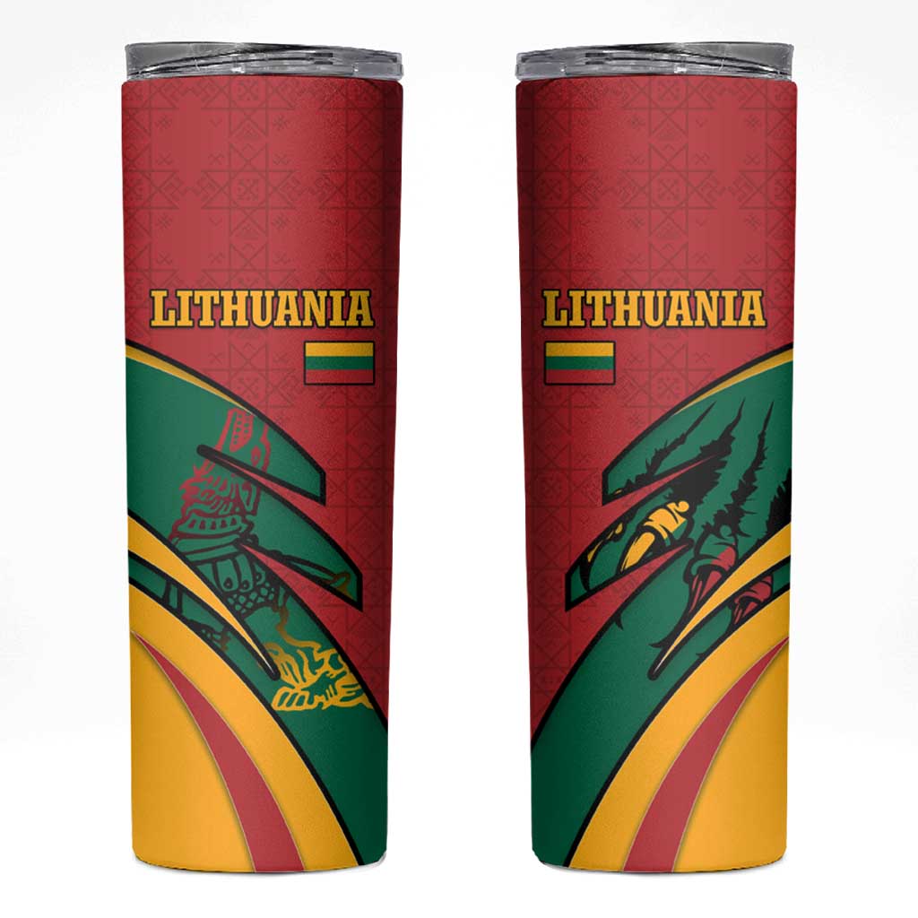 Lithuania Red and Green Skinny Tumbler with Knight and Dragon Claw Graphic and National Flag - Wonder Print Shop