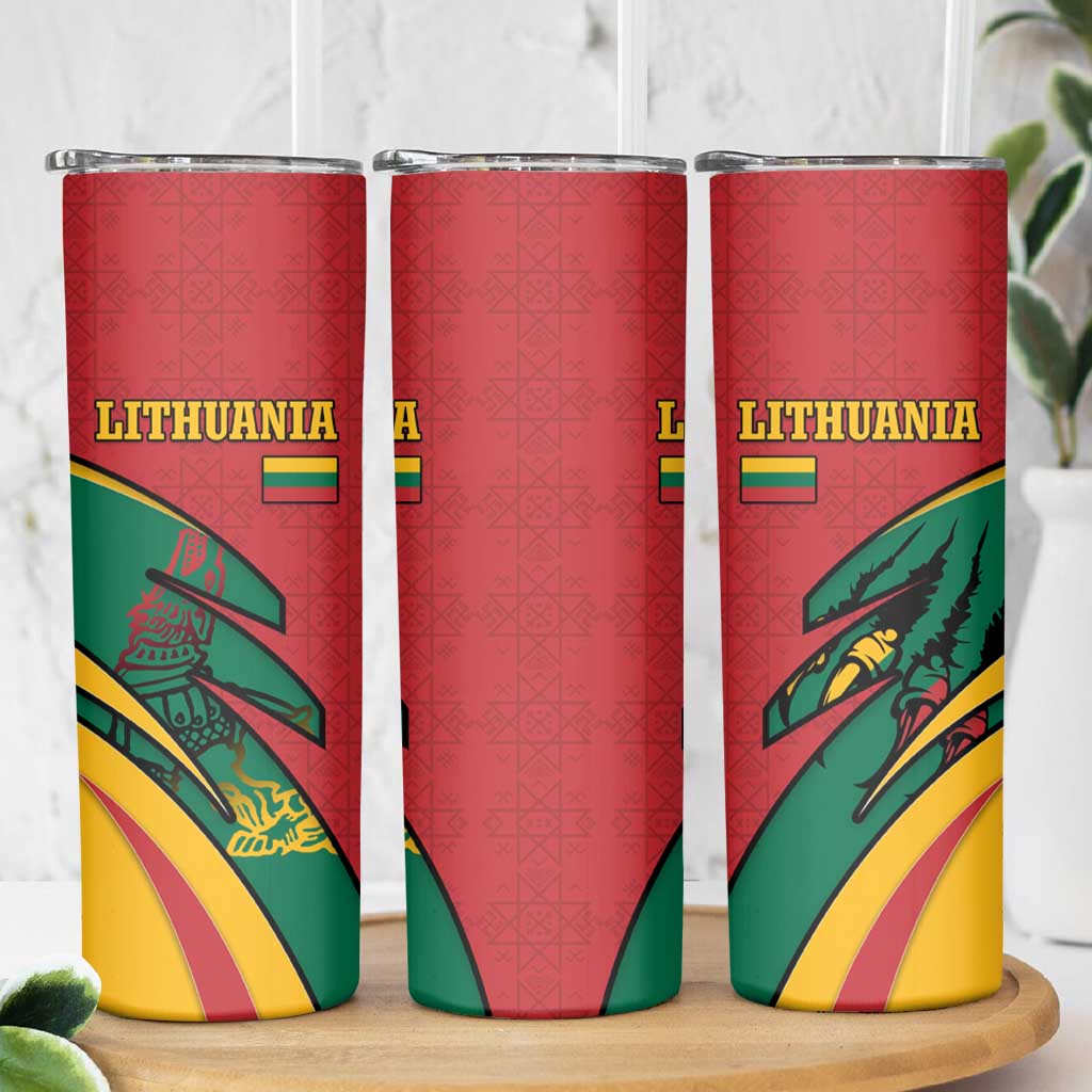 Lithuania Red and Green Skinny Tumbler with Knight and Dragon Claw Graphic and National Flag - Wonder Print Shop