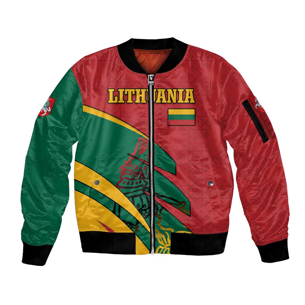 Lithuania Red and Green Sleeve Zip Bomber Jacket with Knight and Dragon Claw Graphic and National Flag - Wonder Print Shop