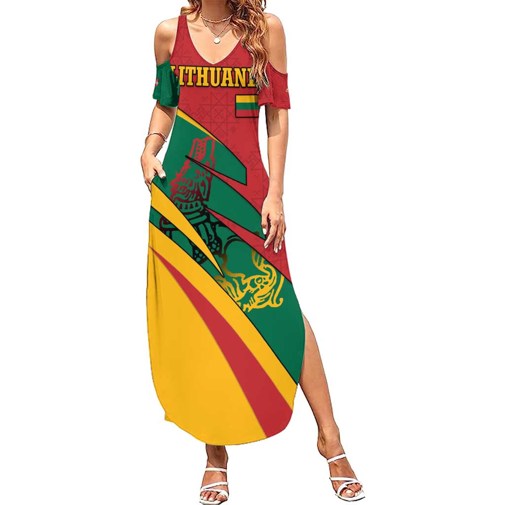Lithuania Red and Green Summer Maxi Dress with Knight and Dragon Claw Graphic and National Flag - Wonder Print Shop