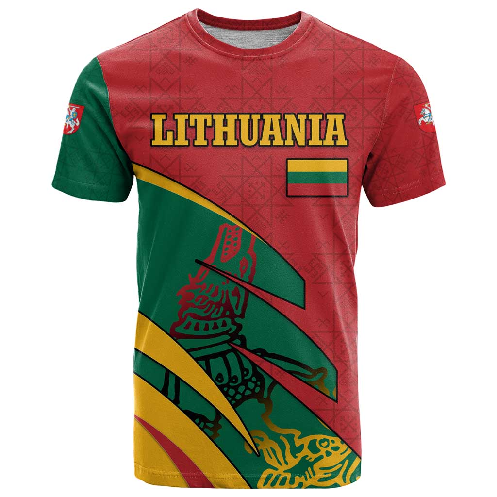 Lithuania Red and Green T Shirt with Knight and Dragon Claw Graphic and National Flag - Wonder Print Shop