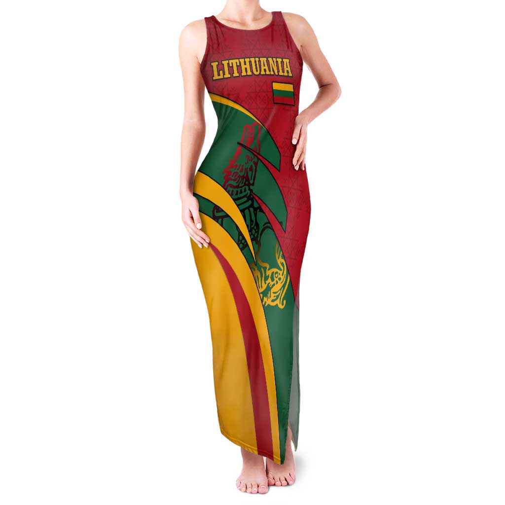 Lithuania Red and Green Tank Maxi Dress with Knight and Dragon Claw Graphic and National Flag - Wonder Print Shop
